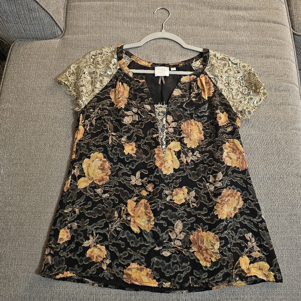 Anthro HD In Paris Black Orange Floral Bobo Silk Lined Metallic Casual Top Sz 0